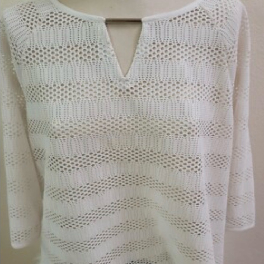 Dana Buchman Cream Openwork V-Neck Knit Sweater
